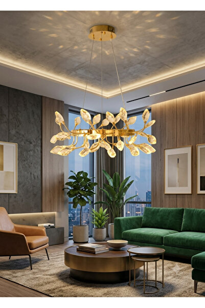 Avizella Kalp Kristal Güneş LED Avize - 60 cm Çap Gold Lüks Salon ve Yatak Od...