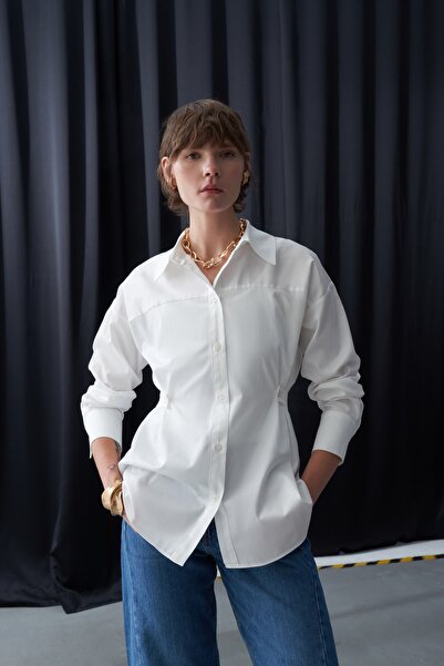 EBU Prive Women's Premium Poplin Shirt with Mobile Waist Belt Ecru