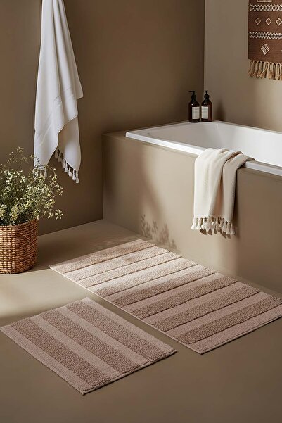 Rivaİstanbul Beige Embossed Striped 2-Piece Bathroom & Toilet Mat Set