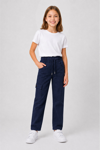 caddekids Kız Çocuk Okul Pantolonu Pamuklu Düz Paça Kargo Pantolon Lastikli B...