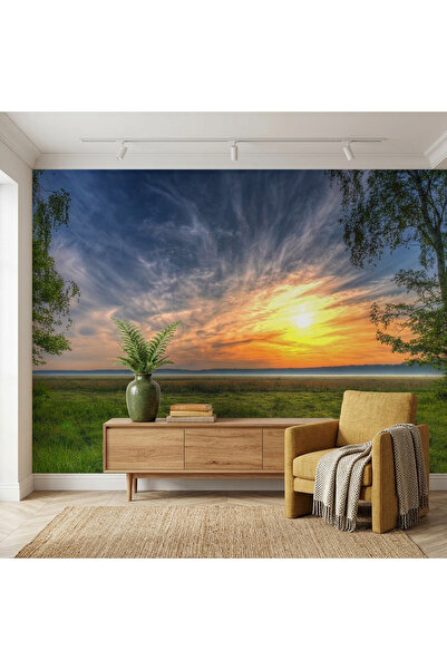 DecorDrive Gün Batımında Göl ve Yeşil Kırlar Manzaralı Duvar Kağıdı