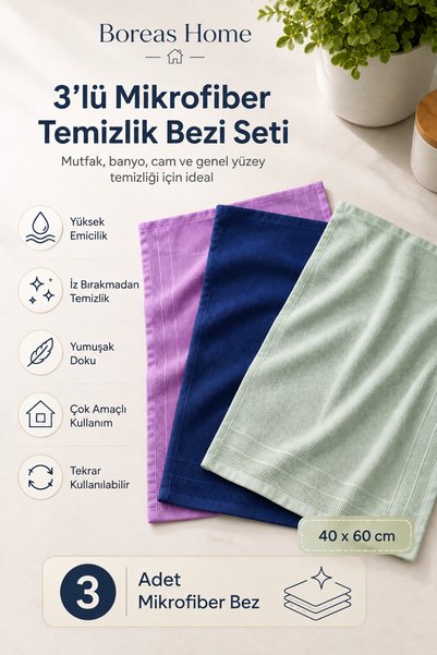 Boreas Home Set of 3 Microfiber Cleaning Cloths 40X60 Multi-Purpose, High Absorbency Performance