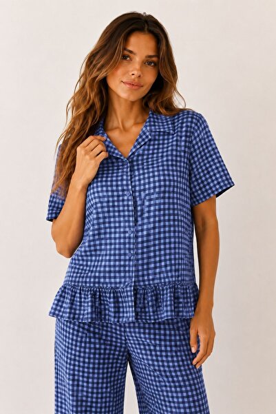 BELLA NOTTE Viscose Navy Blue Gingham Pajama Set