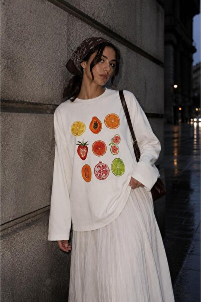 Hira Clothing White Printed Long Sleeve Cotton T-Shirt\Blouse Suitable for Hi...