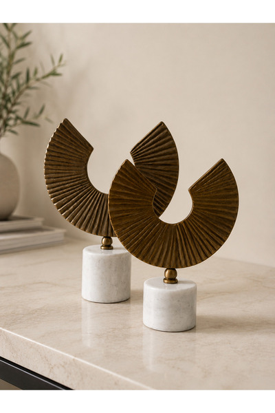 DMR HOME Antik Eskitme Metal Dekoratif Biblo Seti – Mermer Kaideli Modern Sal...
