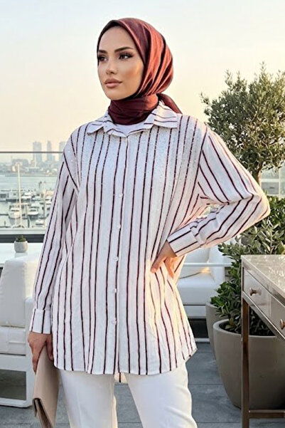 Neva Style Dikey Çizgili Bambu Mürdüm Tesettür Gömlek 15360MU