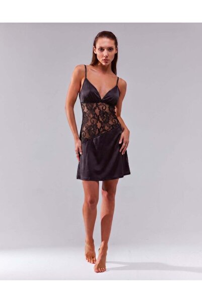 valeza Diana Black Lace Detailed Satin Nightgown