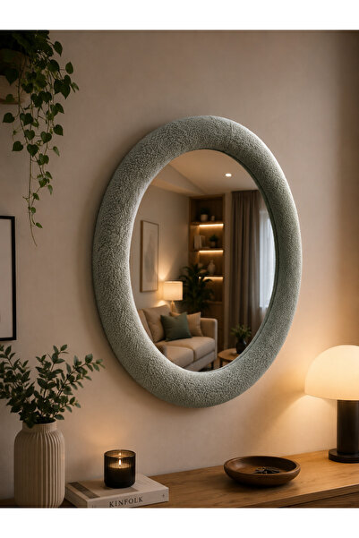 Dekoratif Kumaş Kaplamalı Oval Duvar Aynası – Modern Tasarım Salon, Antre, Yatak Odası Aynası