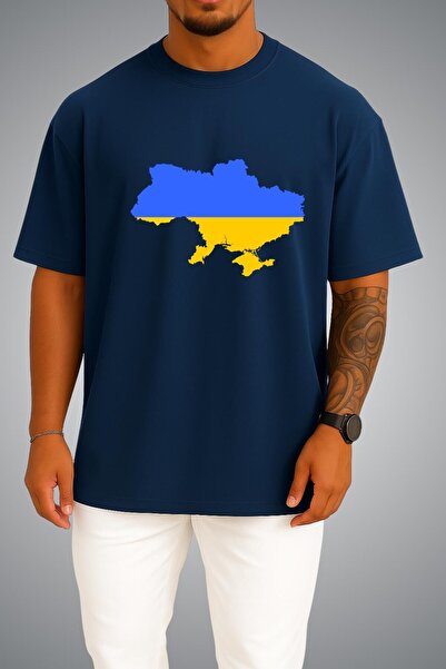 Bahriyeli Collection Oversize Ukraine Flag and Map Chest Printed Unisex T-Shirt