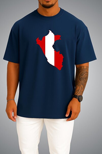 Bahriyeli Collection Oversize Peru Flag and Map Chest Printed Unisex T-Shirt