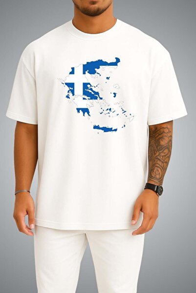Bahriyeli Collection Oversize Greece Flag and Map Chest Printed Unisex T-Shirt