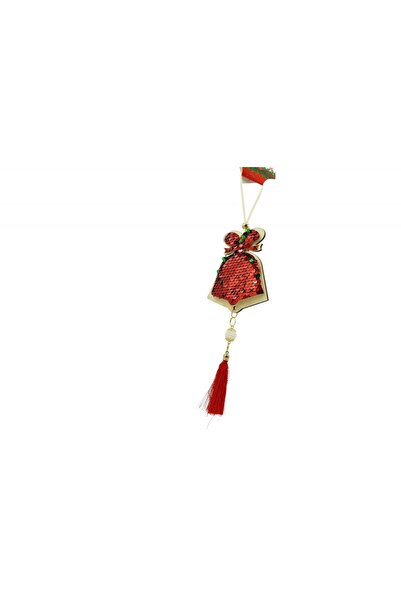 Rao Ornament de Brad Clopotel cu Paiete Model 2, Rosu, Lemn, 36 Cm