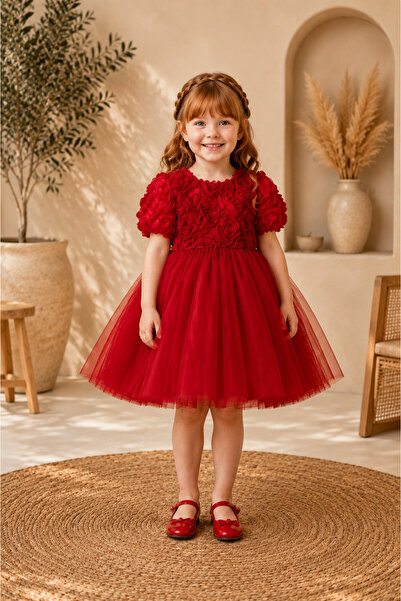 miço kids Girl's 3D Rose Detailed Tulle Evening Dress with Tulle Bow on the Back
