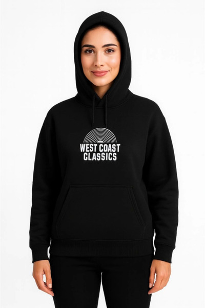 MODA ŞEHRİ Three thread hooded front and back printed sweatshirt hoodie - black