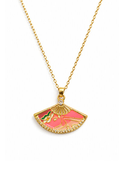 Duiwerlis Women's Gold Color Fan Pendant Necklace with Enamel Zircon Stone an...