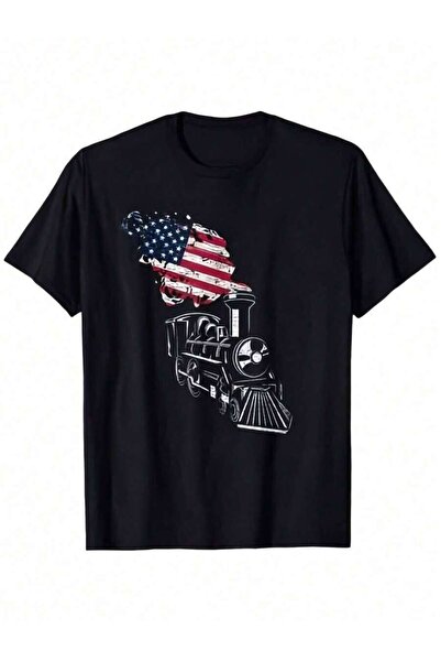 LİNA06 Men Vintage US Flag T-Shirt Heavy Steam Locomotive Graphic Tee Shirt W...