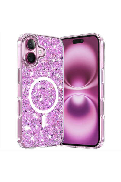 Techsuit Husă pentru iPhone 16 Plus, cu sclipici, MagSafe, alb - magenta