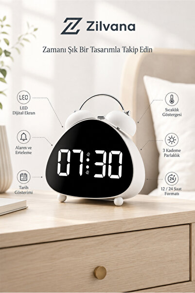 Zilvana Retro Çift Zilli Tasarımlı LED Dijital Çalar Saat – Takvim, Sıcaklık,...
