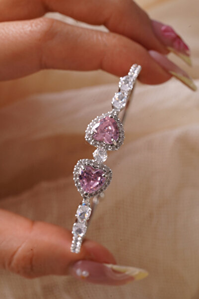 AŞIK ACCESSORIES Pink Heart Princess Model Silver Color Handcuff Bracelet