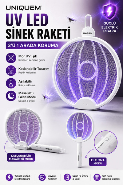 Uniquem Voltura 360 UV LED Katlanabilir Şarjlı Sinek Raketi Çok Amaçlı 3 in 1...