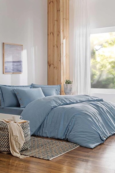 Özdilek Muslin -Nadia Blue- King Size Double Duvet Cover Set (with 4 Pillowca...