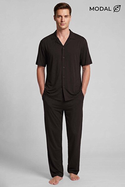 Aytuğ&Mısırlı Egyptian Men's Modal Blend Buttoned Pajama Set Dark Brown