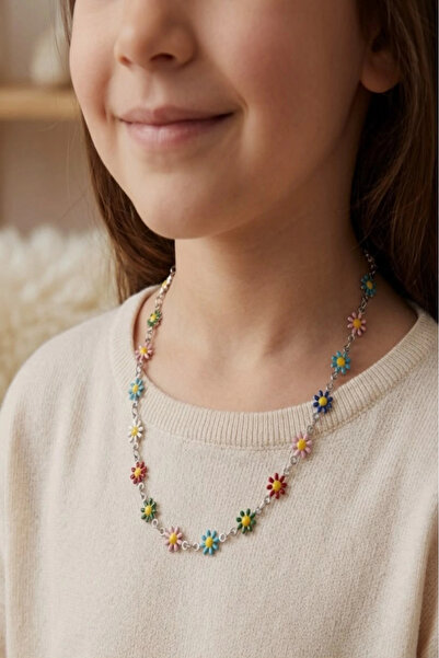 SEVGİLİ TAKI Colorful Daisy Chain Silver Color Children's Necklace |   Collec...