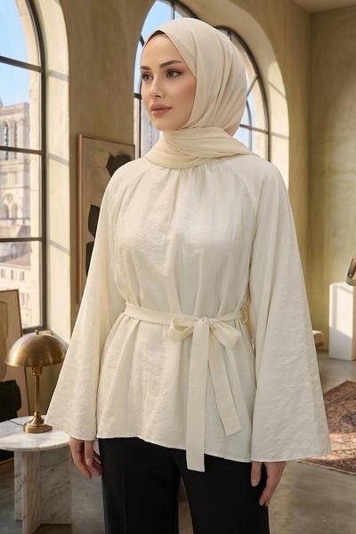 TOFİSA Kuşaklı C yaka Salaş Tunik Beyaz - 28773-BEYAZ