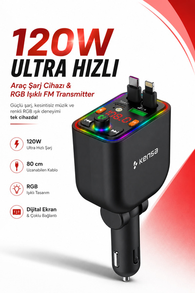 Kensa 120W Araç Çakmaklık Şarj Cihazı Bluetooth FM Transmitter RGB LED Işıklı...