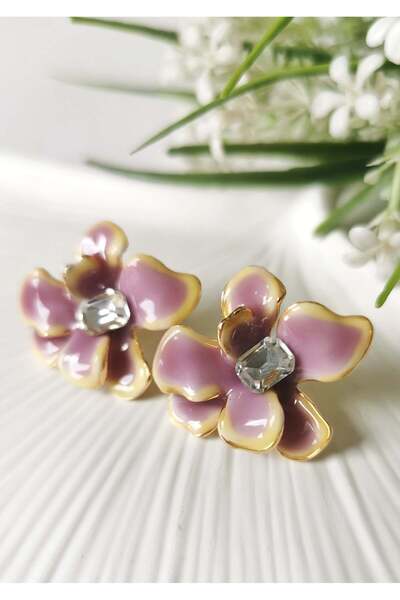 Halley Concept Lilac Cream Mine Detailed Flower Model Steel Earrings 3X3 cm