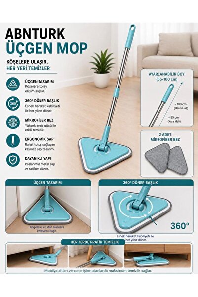 abnturk Boyutu Ayarlanabilen 100cm Çıkarılabilir Saplı Üçgen Mop Yedek Mikrof...
