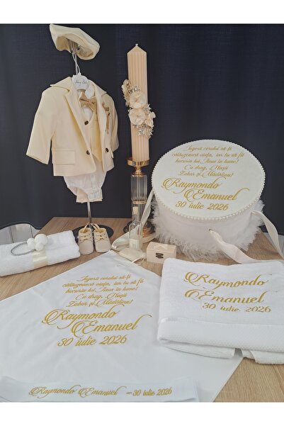OEM Trusou botez baiat complet premium-bej royal,costum complt,lumanare,proso...