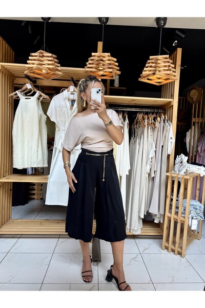 Gözde Tasarım Butik بنطلون نسائي من قماش الكابري ذو لون أسود واسع الساقين مع ...