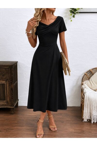 Şeker Portakalım Women's wide v-neck ruched detail long sandy dress