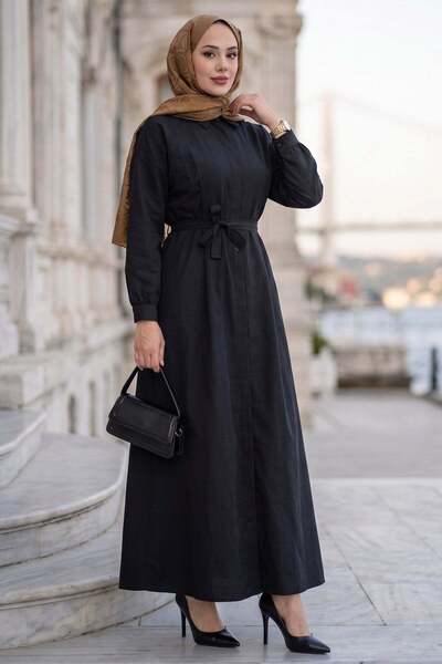 hafsamina Eliz Buttoned Pencil Belted Dress Black Hm2944