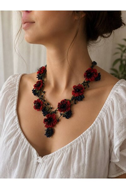 Generic Brand Elemeği Original Design Red Flower Beaded Necklace