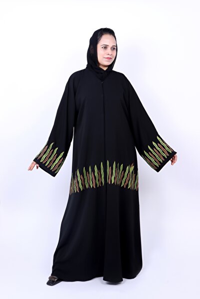 Izzah Bella Premium Nida Embroidered Abaya with Green & Bronze Cutout Leaf De...