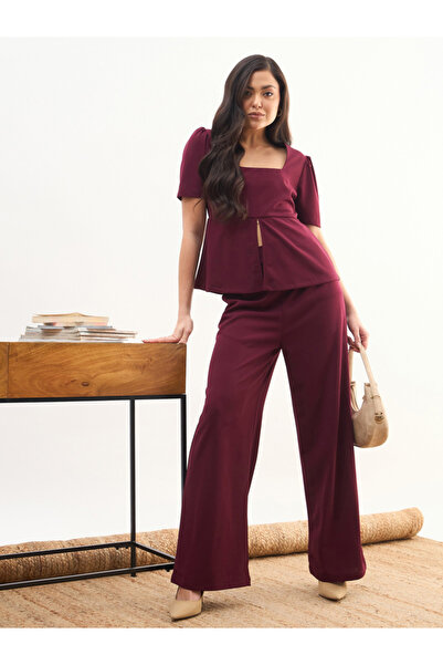 Sassafras By Styli Maroon Front Slit Top And Wide Leg Trousers Co-Ord Set