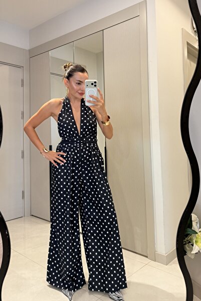 Gizem Ecemiş Sienna Siyah Puantiyeli Sırt Dekolteli Tulum