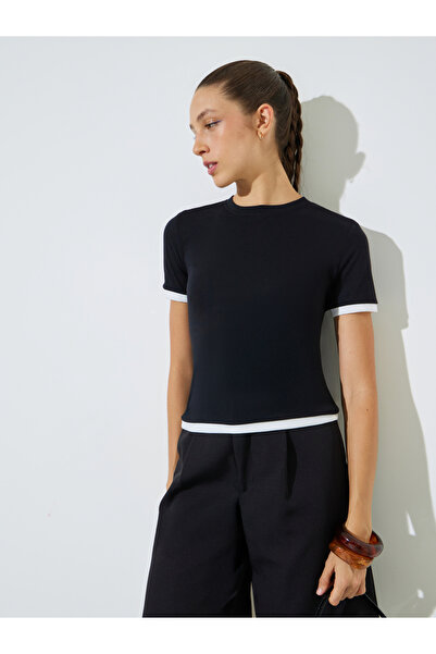 Styli Black Solid Round Neck Contrast Trims T-Shirt