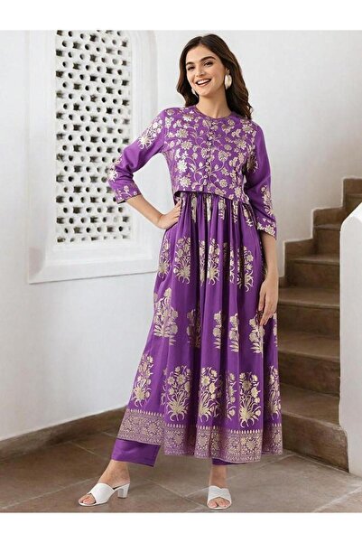 Ishin By Styli Foil Print A-Line Kurta and Pants Set