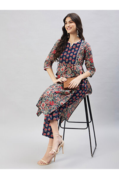 WineRed By Styli Navy Blue Printed Kurta And Pants Set