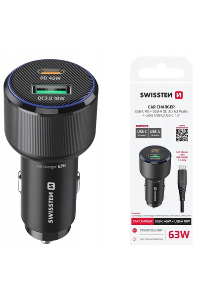 SWISSTEN ÎNCĂRCĂTOR AUTO 1x USB-C PD + 1x USB-A 63 W, cablu USB-C de 1 m