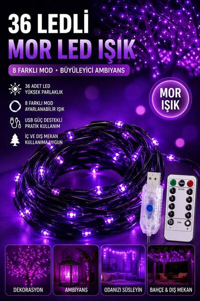 gaman İç Dış Mekan Mor Renk Dekoratif Sarmaşıklı Duvar Ledi 36 Led 8 Modlu Us...