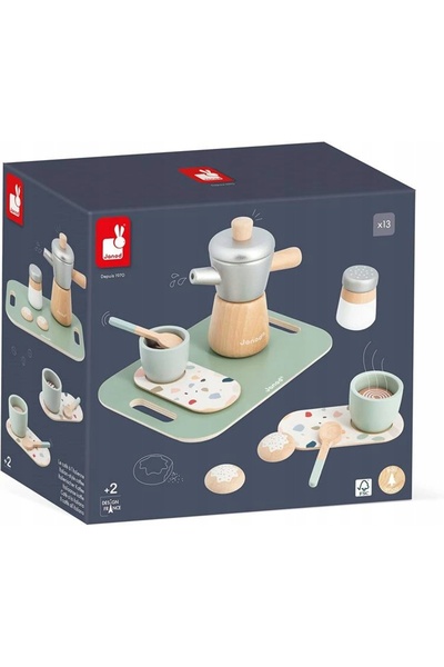 Janod Aparat de cafea din lemn cu accesorii Set de cafea 13 piese