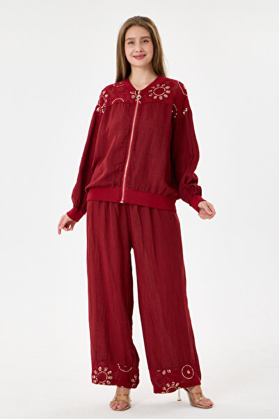 della moor Women's Burgundy Italian 100% Linen Mesh Sequin Embroidered Zipper...