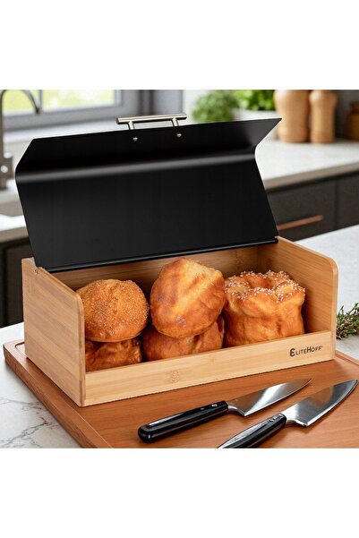 NO BRAND CHLEBAK Cutie mare pentru pâine, din bambus și metal, negru, 36x20,5...