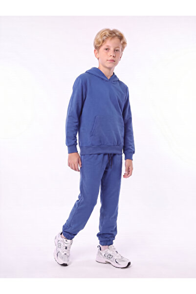 FYK KİDS Boys' Plain Hooded Tracksuit Set with Kangaroo Pockets