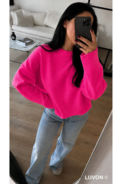 LUVON Fuchsia Crew Neck Oversized Knitwear Women's Sweater