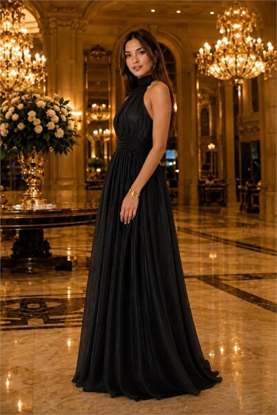 Neşeli Butik kadın siyah halter yaka janjan kumaş premium abiye elbise NBMY4128